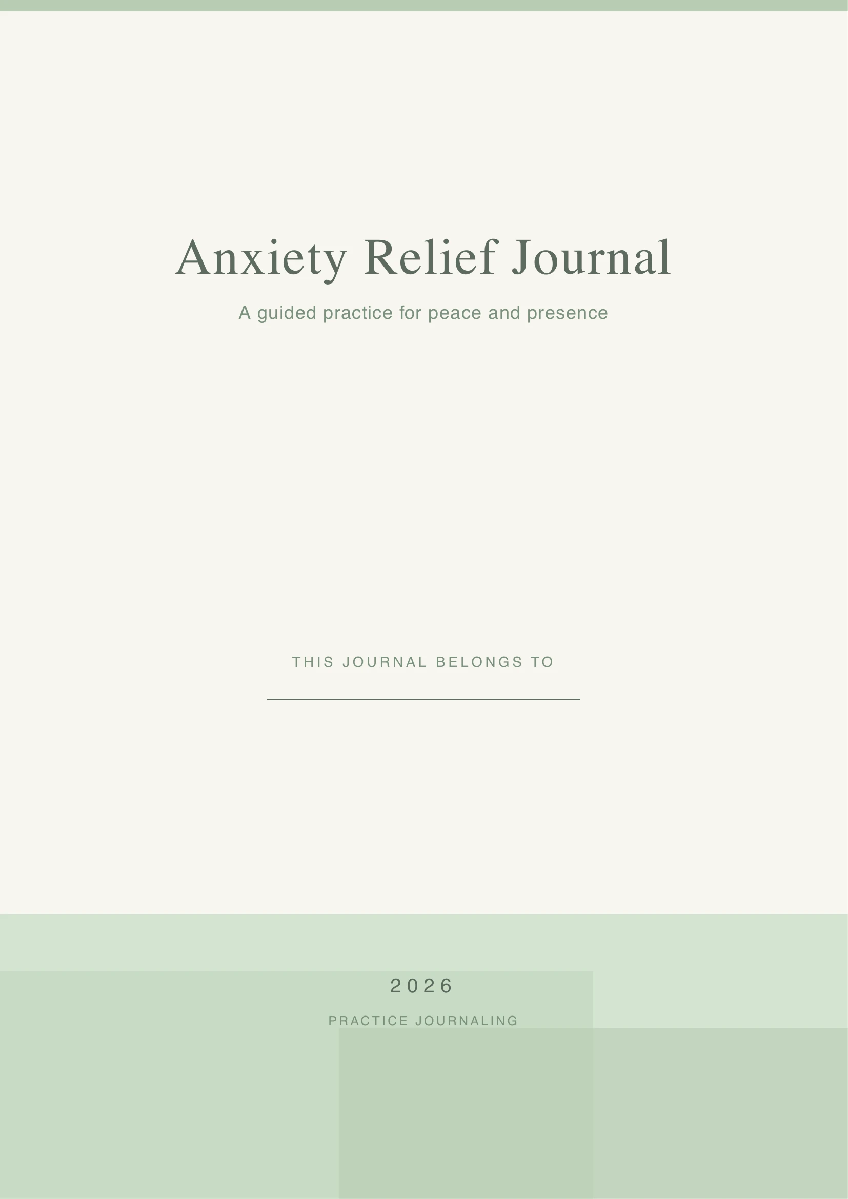 Anxiety Relief Journal cover page with calming serene design personalized for Sarah