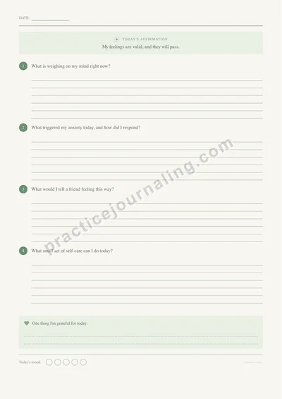 Daily anxiety journaling page with guided prompts