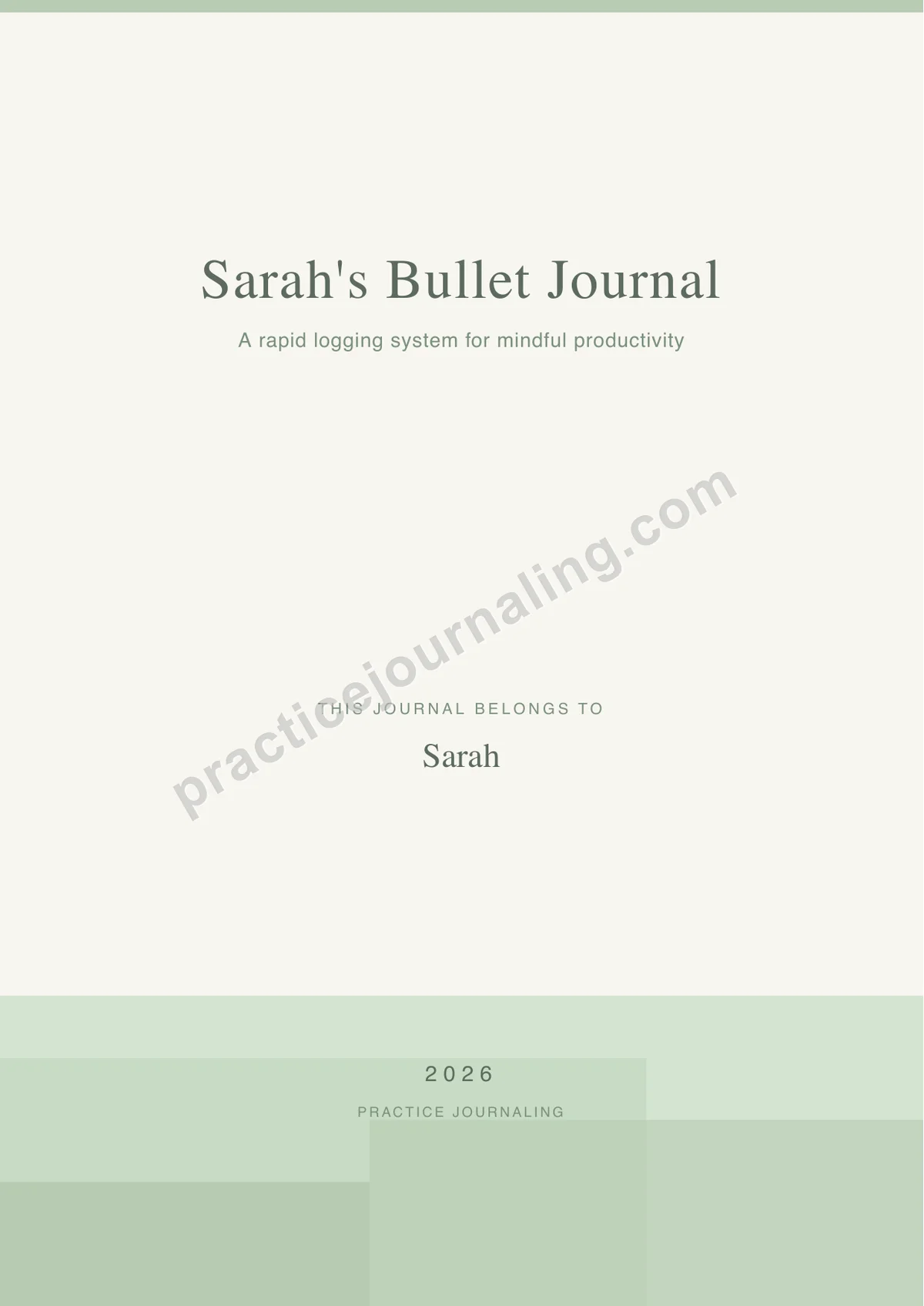 Bullet Journal cover page with minimalist design personalized for Sarah