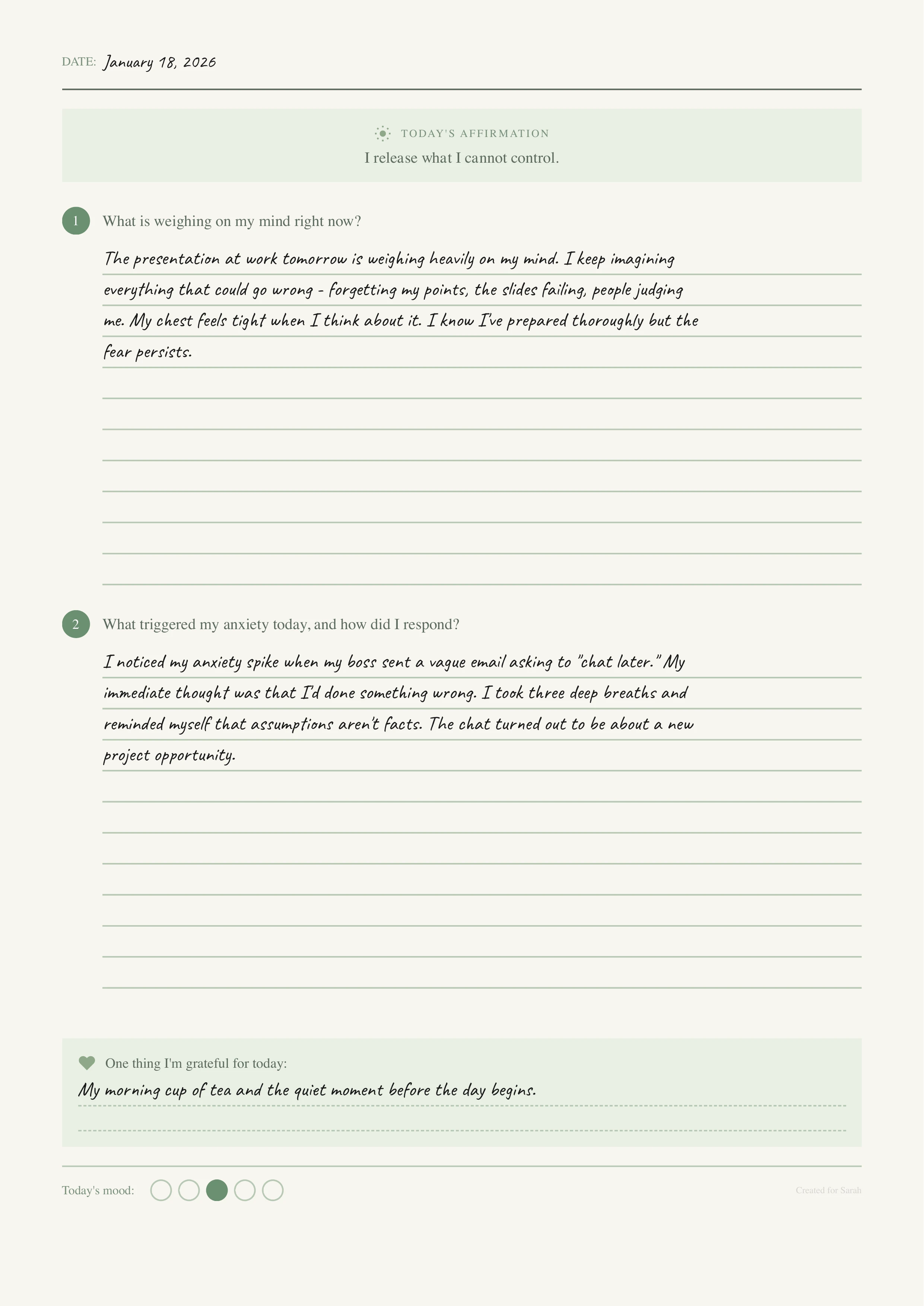 Filled anxiety relief journal page showing the Control Circle exercise with handwritten worries categorized into 'Within My Control' and 'Outside My Control', plus a reframed perspective