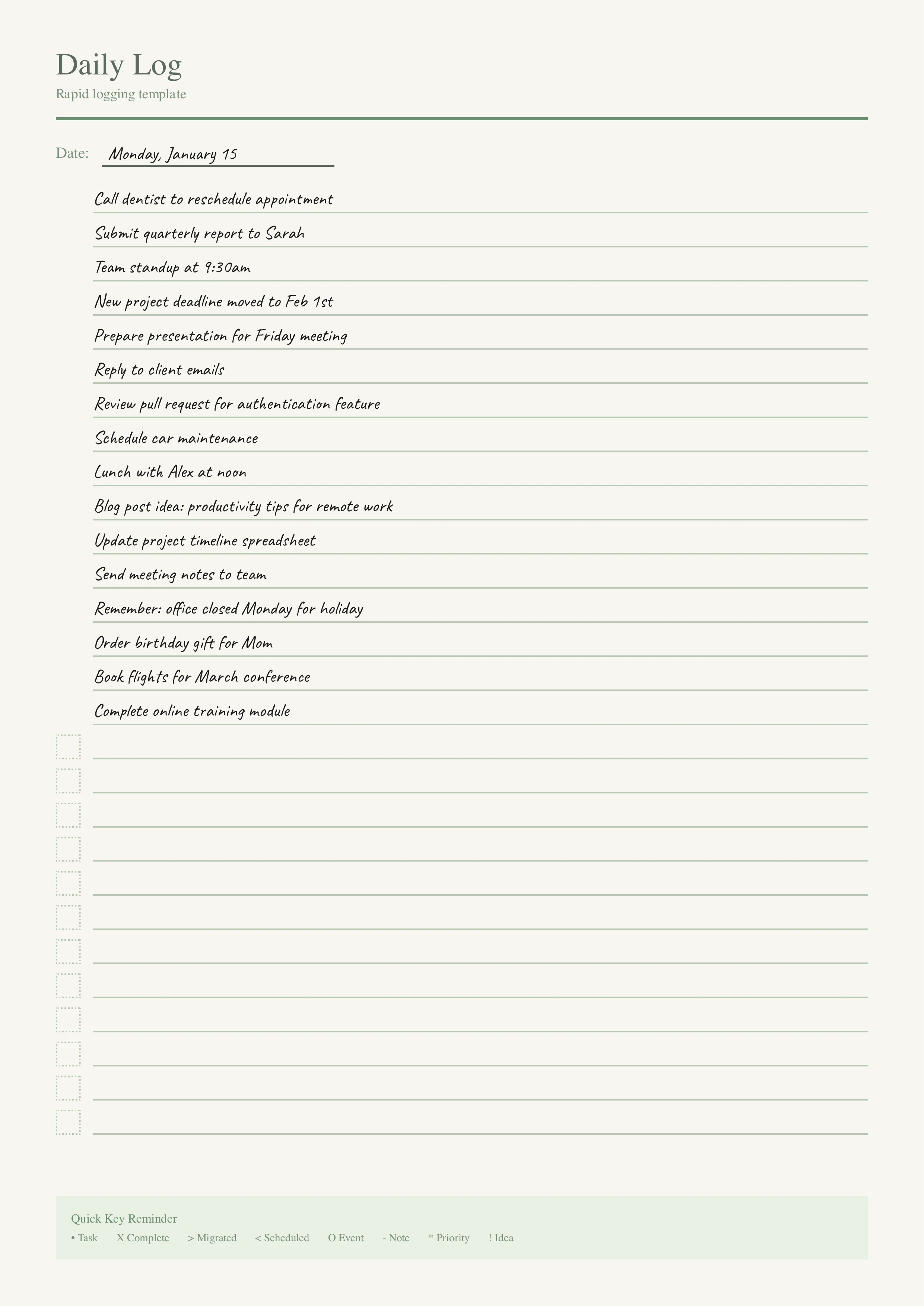 Filled bullet journal page showing a weekly habit tracker with checkmarks for meditation, hydration, reading, screen-free time, and gratitude journaling