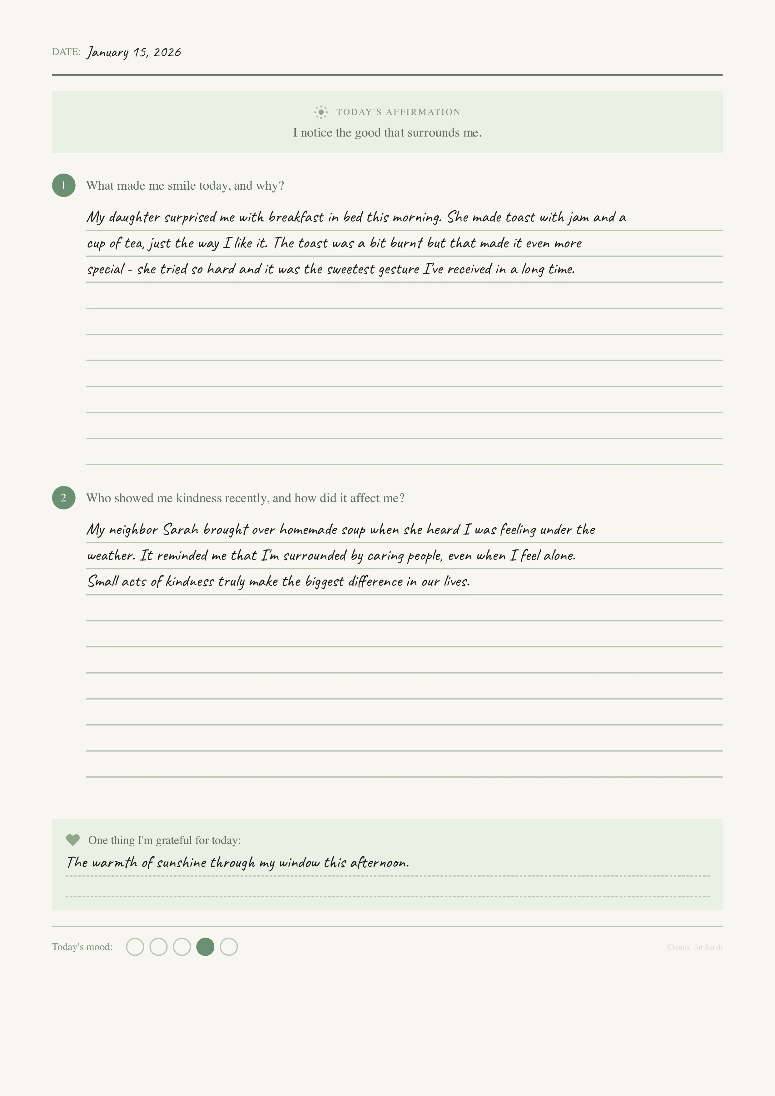 Filled gratitude journal page showing handwritten entries including daily affirmations, things that made the writer smile, people they are grateful for, and small comforts they appreciate