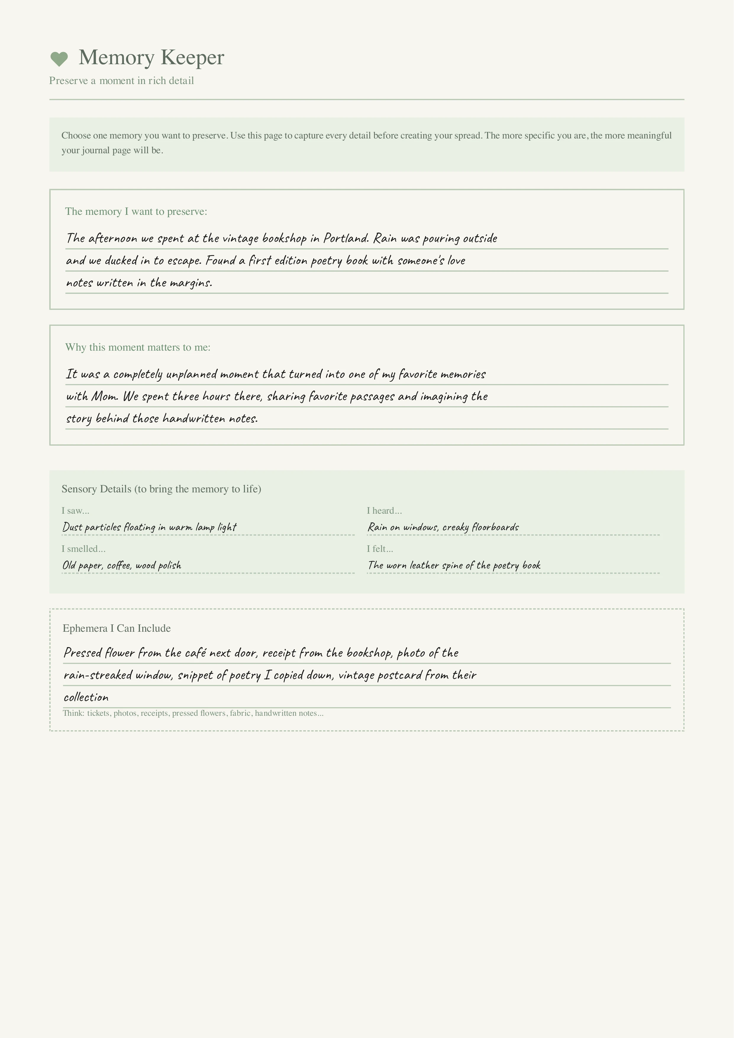 Filled junk journal page documenting a memory with handwritten story, list of ephemera collected, and color palette notes