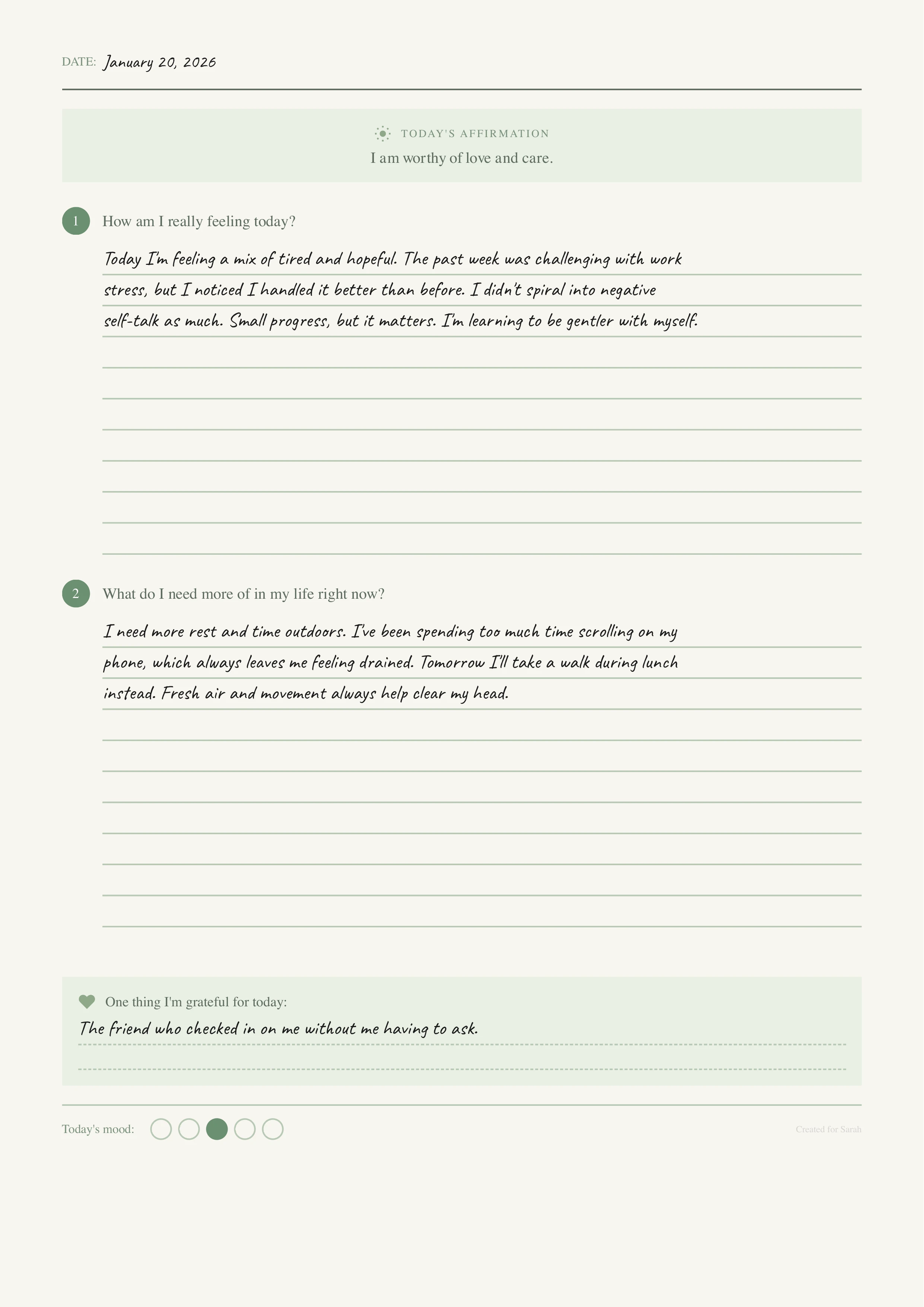 Filled mental health journal page showing a daily check-in with mood scale, emotions identified, self-care activities, and personal affirmations