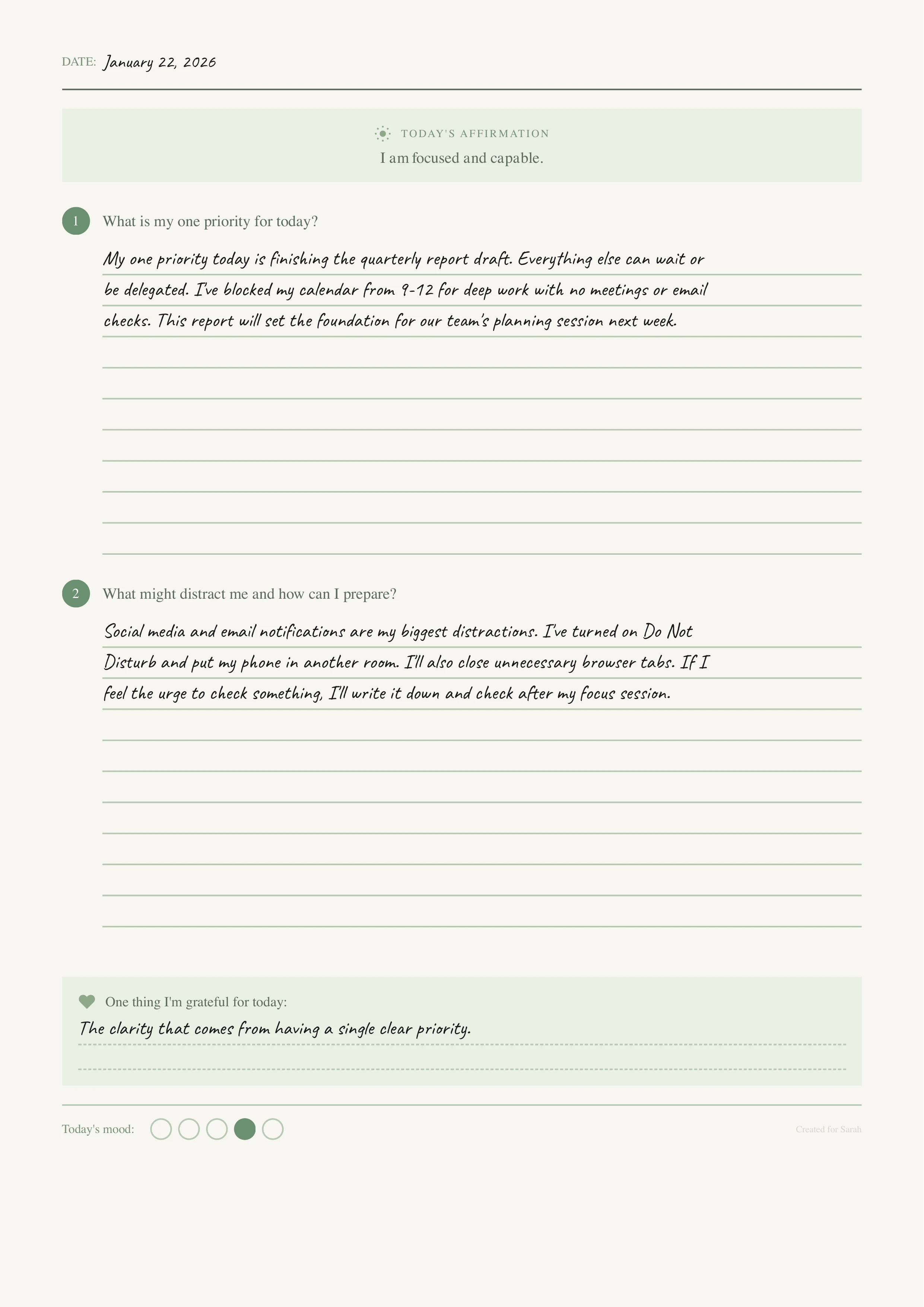 Filled productivity journal page showing the Eisenhower Priority Matrix with handwritten tasks organized by urgency and importance