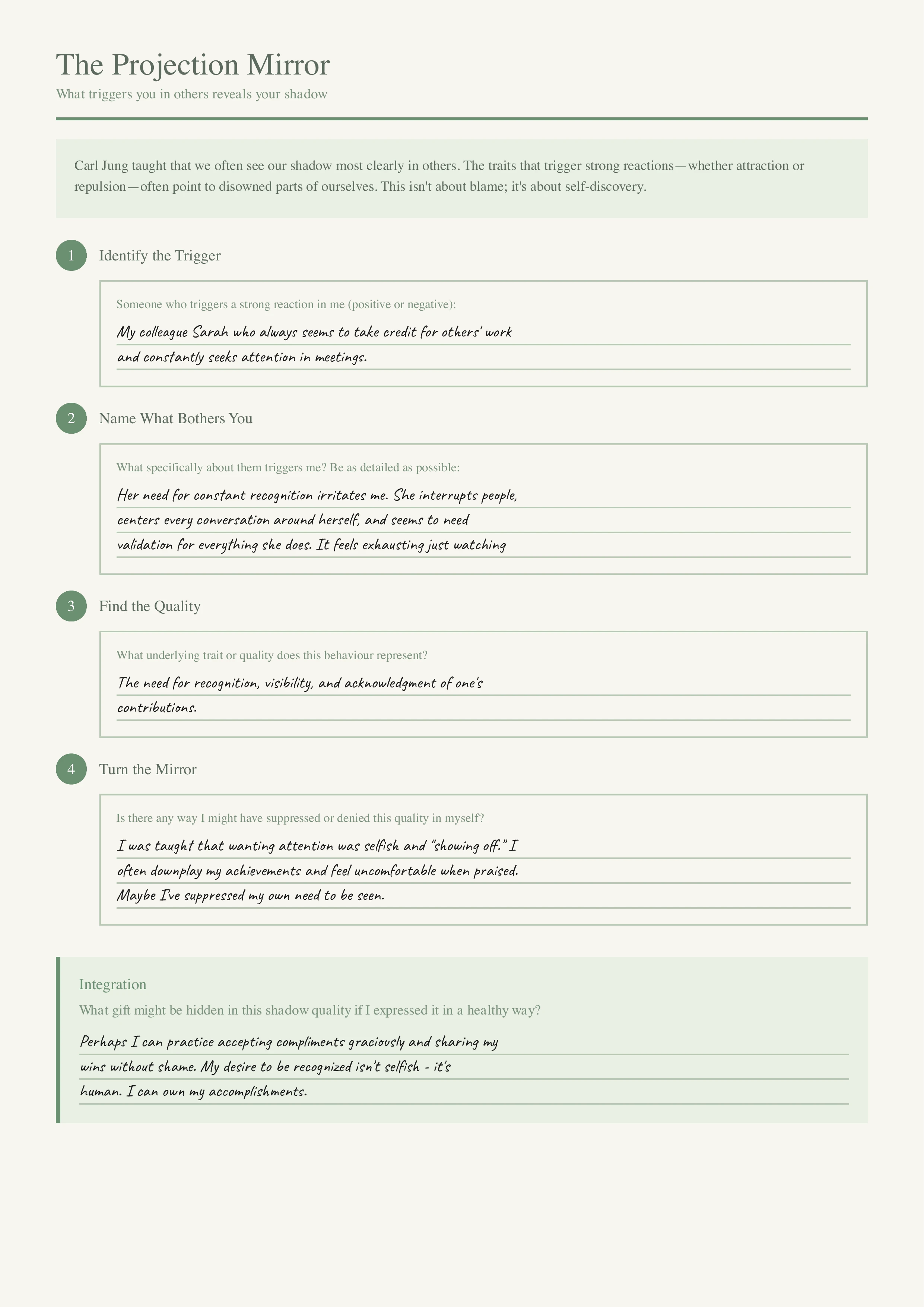 Filled shadow work journal page showing the Projection Mirror exercise with handwritten reflections on triggers, self-discovery, and integration practices